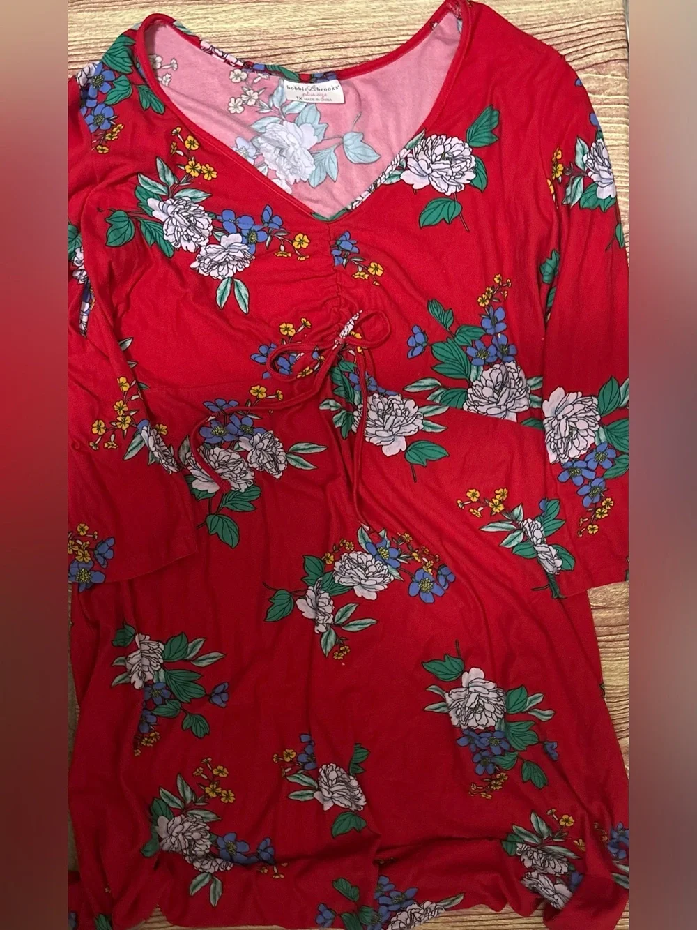 Bobbie Brooks Red Floral Drawstring Long Sleeve Dress